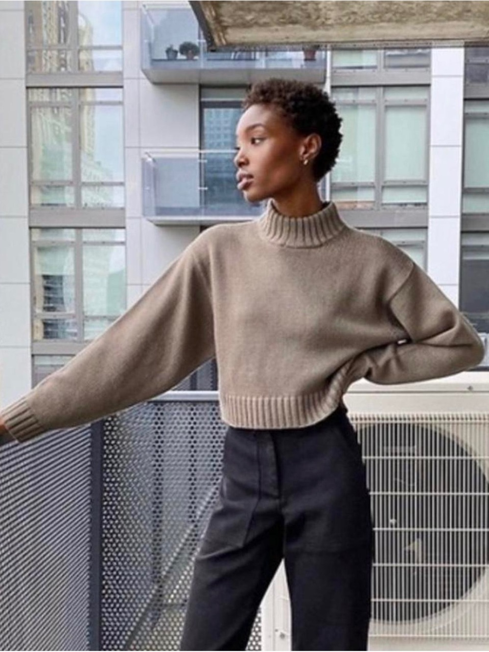 Wilfred Free Heinan Mock Neck Cropped Sweater 💯 Merino Wool in Taupe